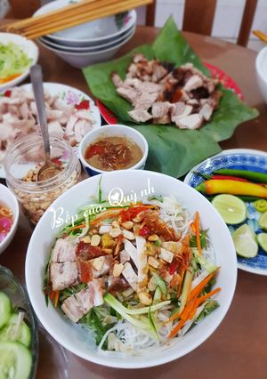 A picture of Bún Mắm with Pork (Roast Pork & Boiled Pork).