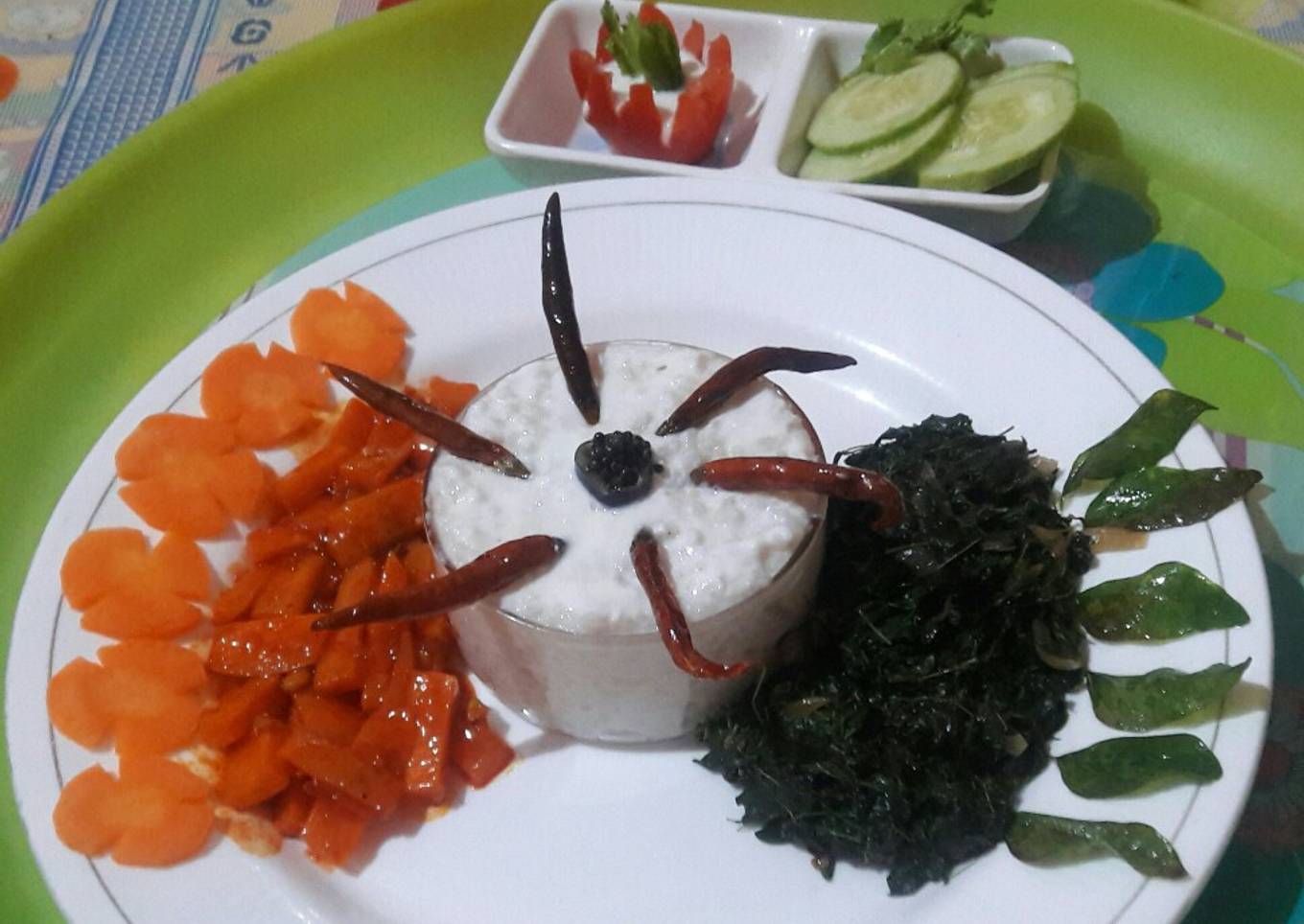 Carrot pickle Curd rice Greens fry