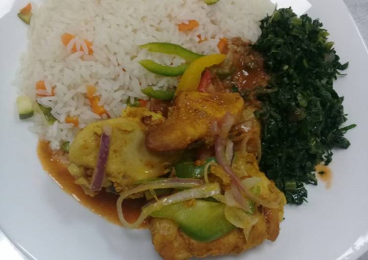 How to Make Recipe of Oven baked chicken, steamed vegetable rice n fried sukuma wiki
