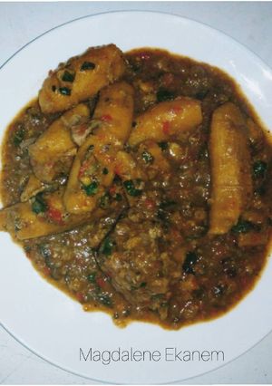A picture of Unripe plantain porridge with goat meat 🖤.