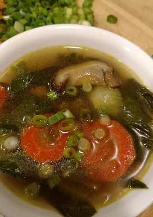A picture of Shiitake mushroom and bok choy soup.