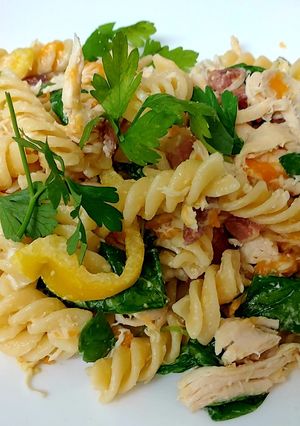 A picture of My Bacon, Chicken Cheese & Spinach Pasta with Mayonnaise.