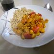 Wok de garbanzos salteados con bacon, cebolla y pimiento