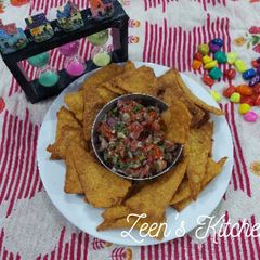 Whole Wheat and Maize Flour Nachos with Salsa Mexicana A picture of Whole Wheat and Maize Flour Nachos with Salsa Mexicana.