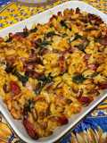 Gratin de gnochettis aux épinards, lard et tomates
