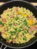 Pasta con Jamón-Crema de Maíz-Guisantes