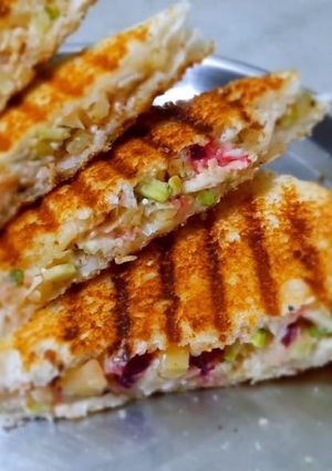 A picture of Mixed veg, cheese grilled sandwich.