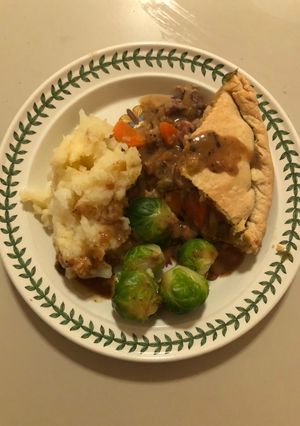 A picture of Flying Game, Bacon, Leek, Shallot & Mushroom Pie (also venison variant).