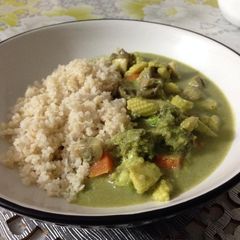 Garden Vegetables in Thai Green Curry with Brown Rice A picture of Garden Vegetables in Thai Green Curry with Brown Rice.