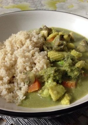 A picture of Garden Vegetables in Thai Green Curry with Brown Rice.