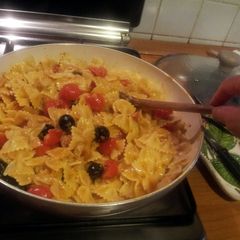 A picture of AMIEs Farfalle with Tuna, Orange and Black Olives.