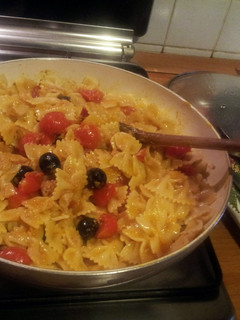 A picture of AMIEs Farfalle with Tuna, Orange and Black Olives.