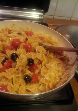 A picture of AMIEs Farfalle with Tuna, Orange and Black Olives.