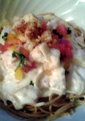 A picture of Lobster and shrimp Alfredo.