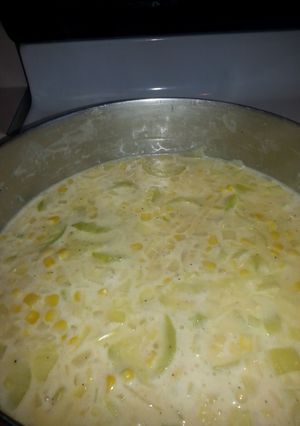 A picture of Yellow squash cheesy soup.