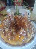 Upside-down peach with mix fruit n moscato wine.