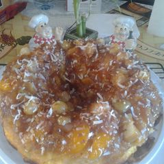 Upside-down peach with mix fruit n moscato wine. A picture of Upside-down peach with mix fruit n moscato wine..