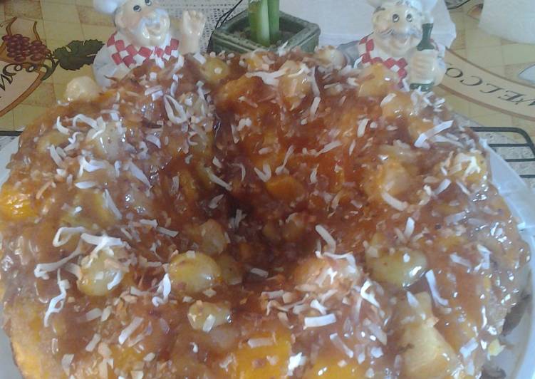 Recipe of Ultimate Upside-down peach with mix fruit n moscato wine.