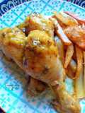 Muslos de pollo en salsa de limón, azafrán y ajos tiernos
