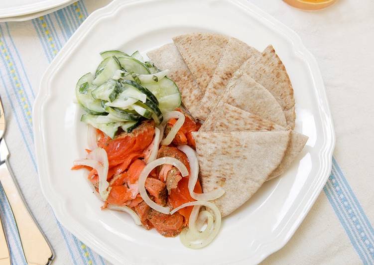 Simple Way to Prepare Quick Salmon with Minted Creamy Cucumbers and Fresh Pita