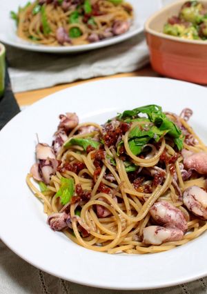 A picture of Homemade Dried Tomatoes and Firefly Squid Pasta.