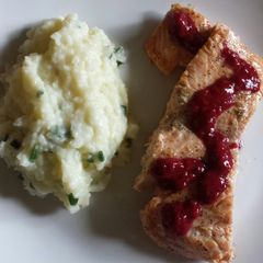 A picture of Salmon w/ Berry Reduction.