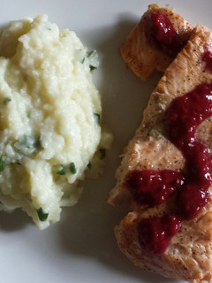 A picture of Salmon w/ Berry Reduction.