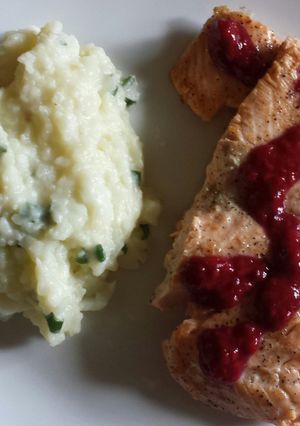 A picture of Salmon w/ Berry Reduction.