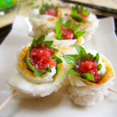 A picture of Refreshing Chikuwa Rolls with Umeboshi and Shiso Leaves.