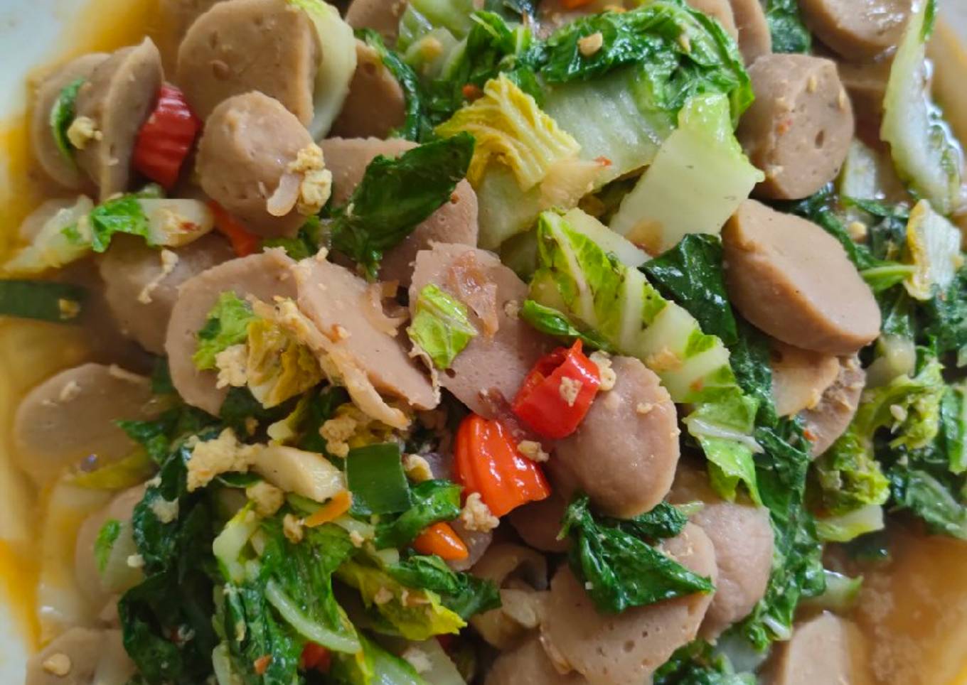 Tumis sawi putih plus bakso