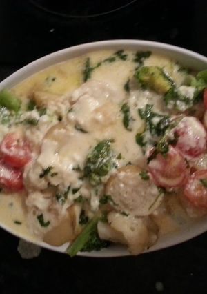 A picture of Potato, cauliflower, broccoli and cheese bake.