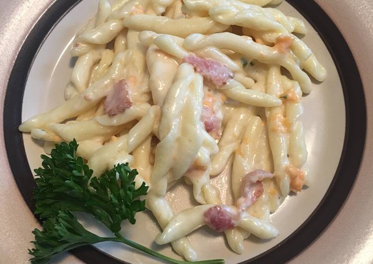 Bacon and three cheese carbonara with strozzapreti pasta