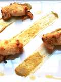 Calamari croccanti ripieni di pappa al pomodoro su vellutata di piselli