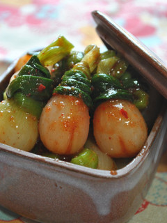 A picture of Green Onions with Kimchi Dressing.