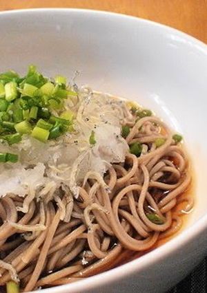 A picture of Soba Noodles with Chirimen Jako and Grated Daikon Radish.