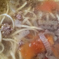 Ground beef soup with noodles A picture of Ground beef soup with noodles.