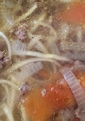 A picture of Ground beef soup with noodles.