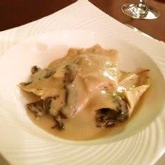 A picture of Porcini Mushroom Ravioli in Soy Milk Sauce.