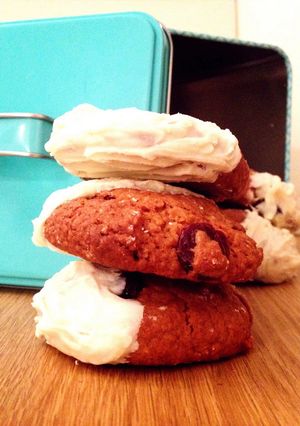 A picture of cranberry and white chocolate oaty biscuits.