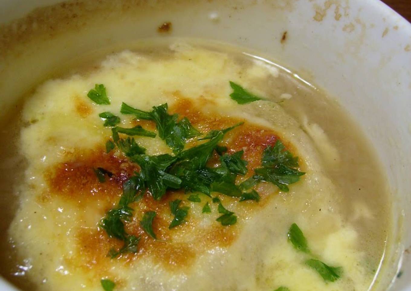 Gratinéed Onion Soup Made with Fu Dried Wheat Gluten