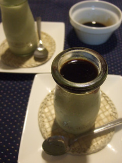 A picture of Matcha Pudding Served with Brown Sugar Syrup.