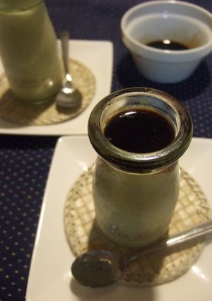 A picture of Matcha Pudding Served with Brown Sugar Syrup.