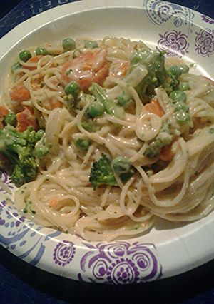A picture of Vegetable noodle alfredo.