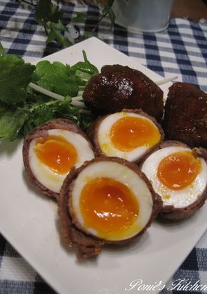 A picture of Meat-Wrapped Soft-Boiled Eggs for Bentos.