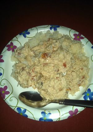 A picture of Shredded chicken and rice.