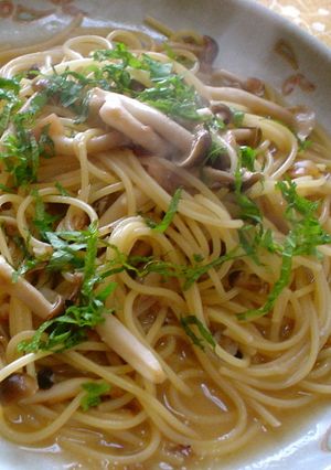 A picture of Mushroom Soup Pasta with Umeboshi and Butter.