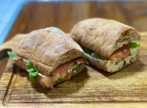 A picture of Smoked salmon cream cheese sandwich.