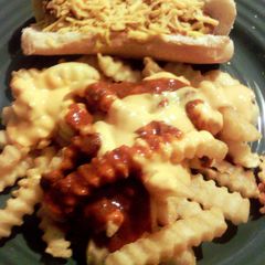 A picture of chili cheese fries.