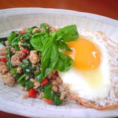 A picture of Stir Fried Chicken and Basil over Rice.