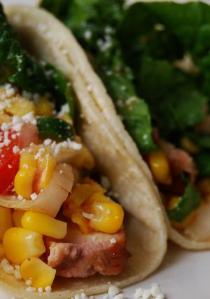 A picture of Hawaiian Chicken Tacos w/Corn Pico de Gallo.